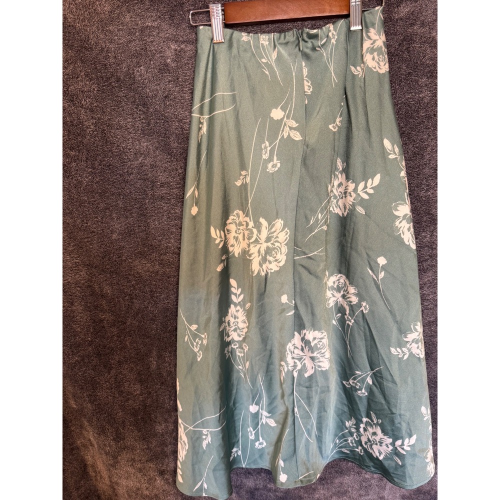 Misty Rose Sage Green Floral Satin Midi Skirt Small MS3028-2 Made in USA - Picture 2 of 4